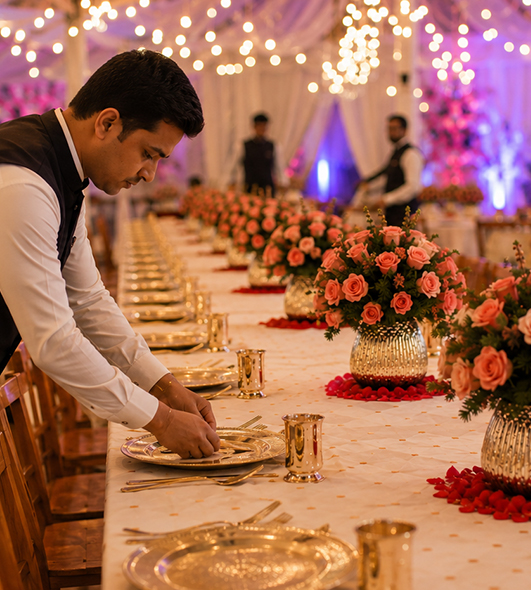 Krishnai Catering staff setting an elegant wedding table