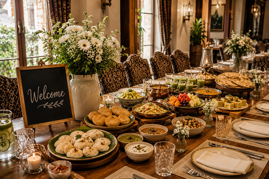 Chefs serving a live buffet at a Krishnai Catering wedding event